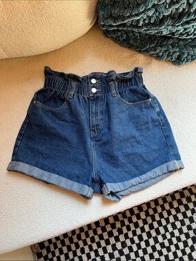 High-Rise Dark Blue Denim Paperbag Jean Shorts